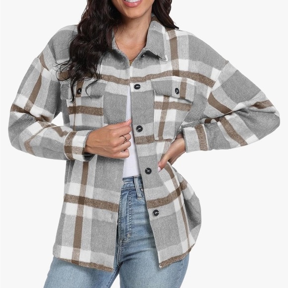 NWOT Plaid Gray and Brown Women's Jacket Shacket Button Down Sweater Casual XL - Picture 5 of 8